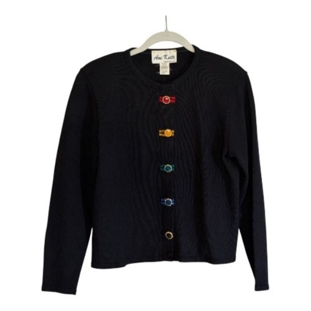 Vintage Ami Knits Black Rainbow‎ Button  Cardigan Women 12 Tight Knit Sweater